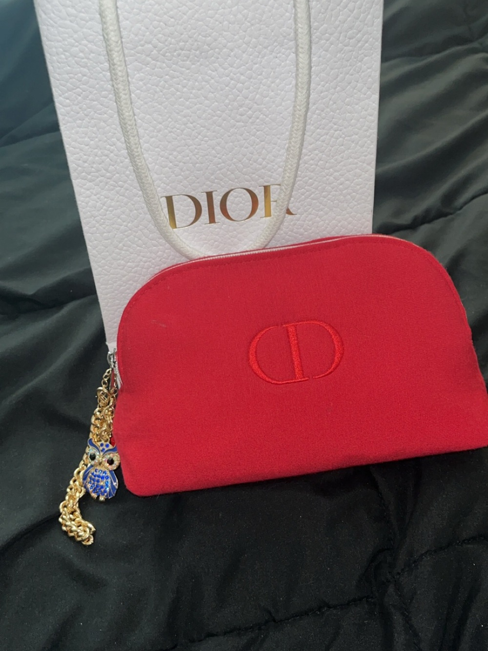 Dior Red Embroidered Cosmetic Pouch with Gold Owl Charm